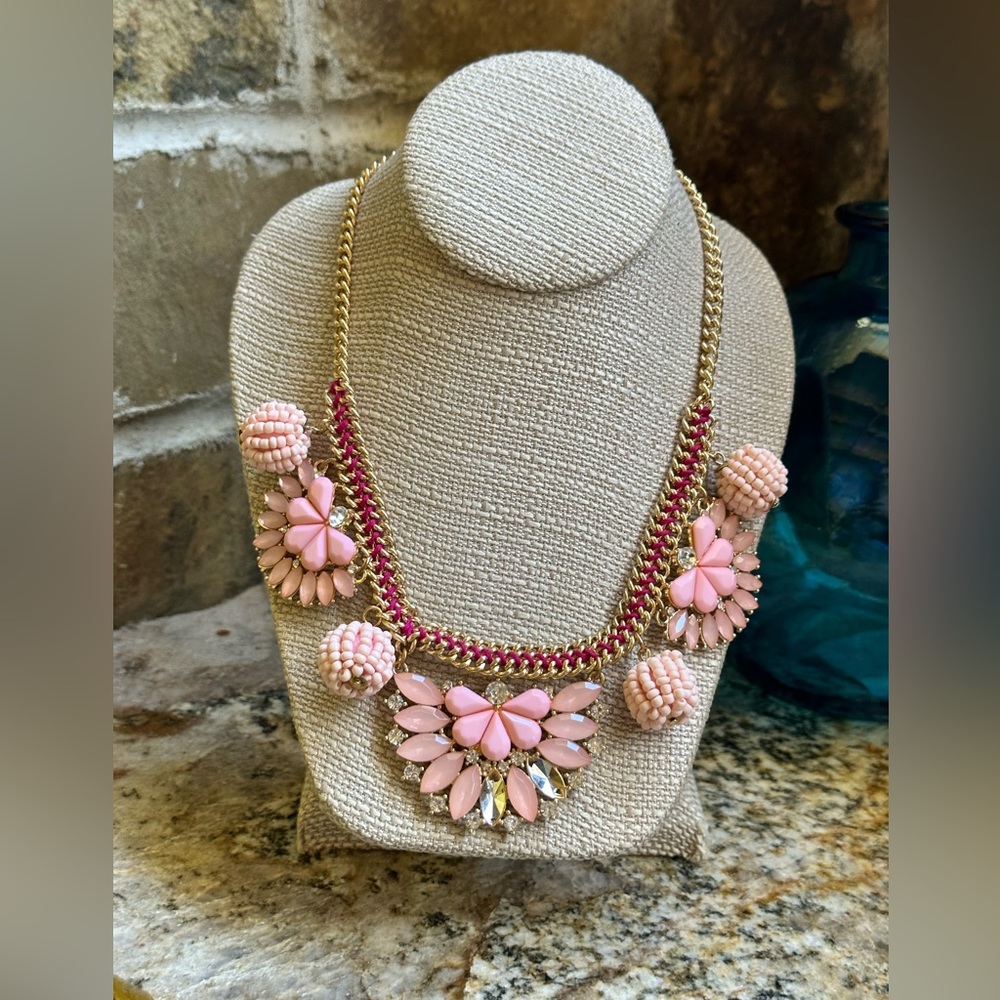 Huge Gold Link Pink Flower Gemstone Necklace
